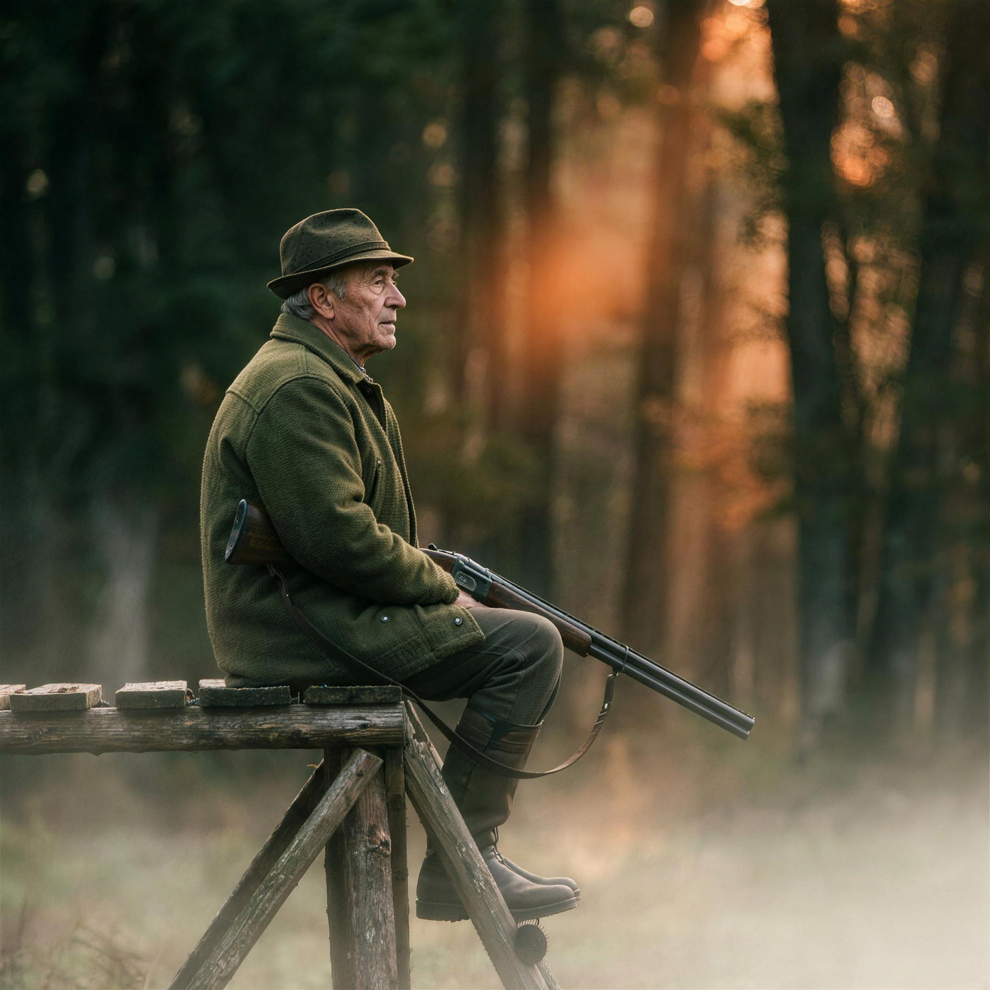 Chasseur à l'affût écoutant la forêt au lever du jour - AFFÛT