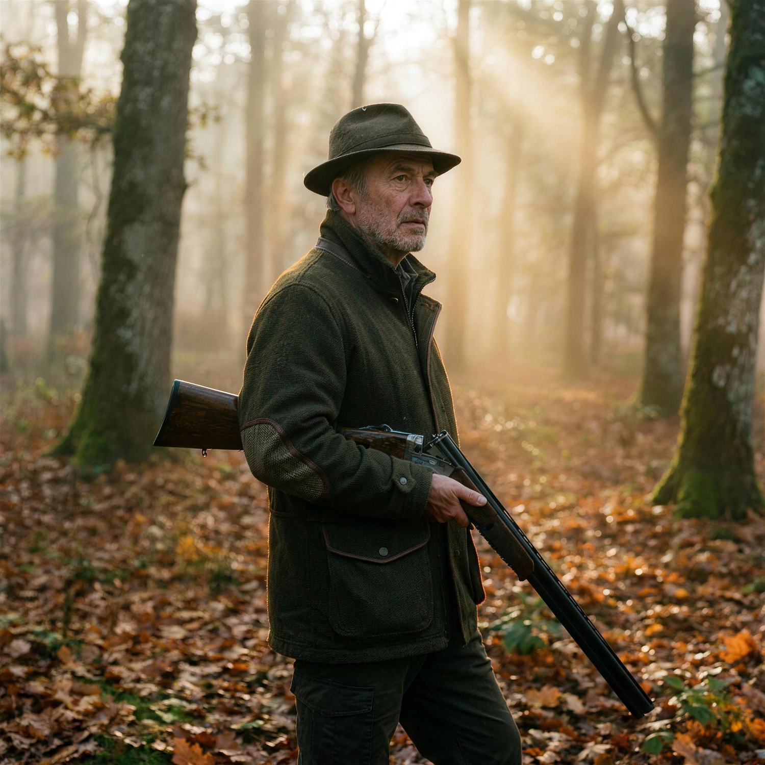 Chasseur français en chênaie brumeuse à l'aube - AFFÛT