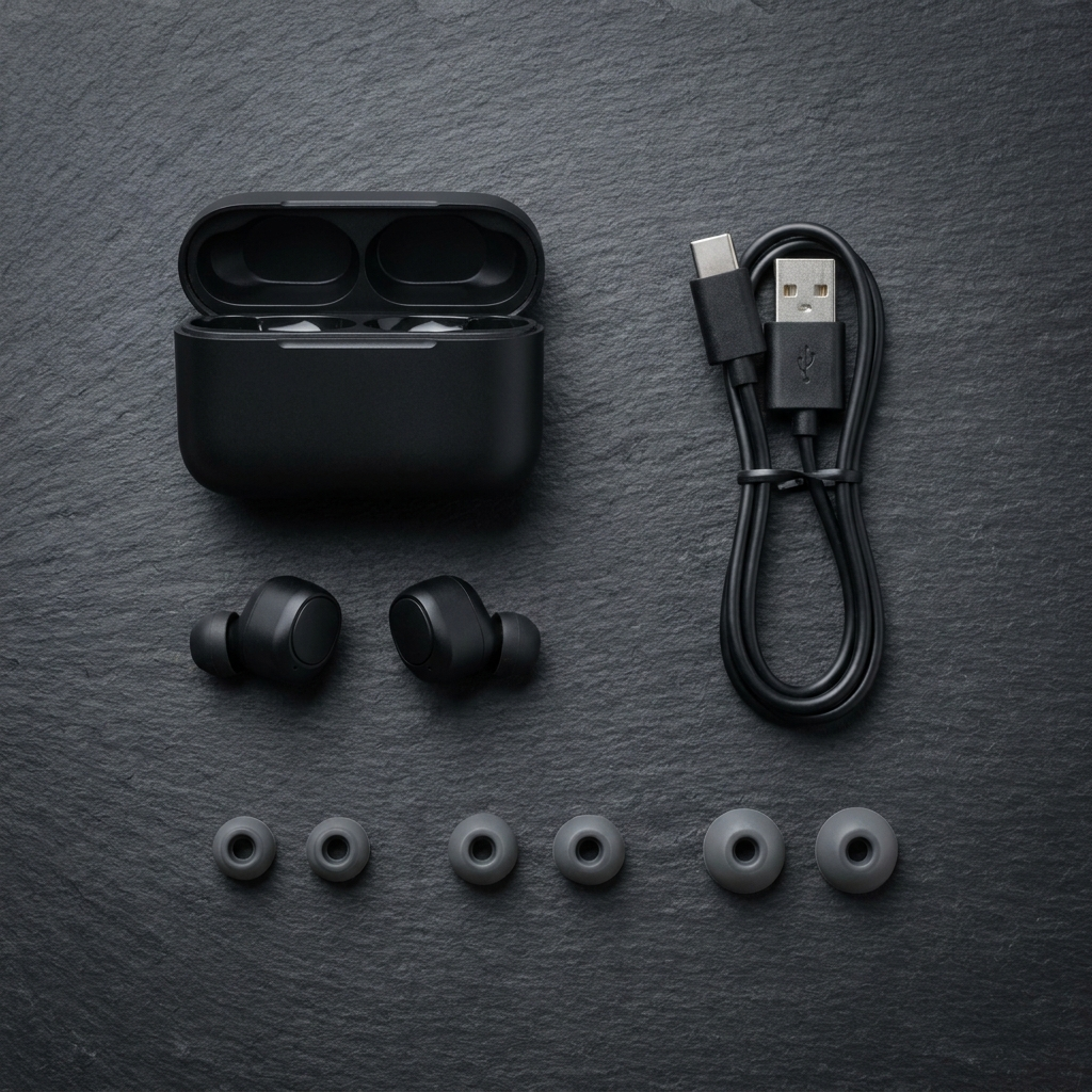 Contenu du coffret AFFÛT — écouteurs, étui USB-C, câble, 3 tailles d'embouts