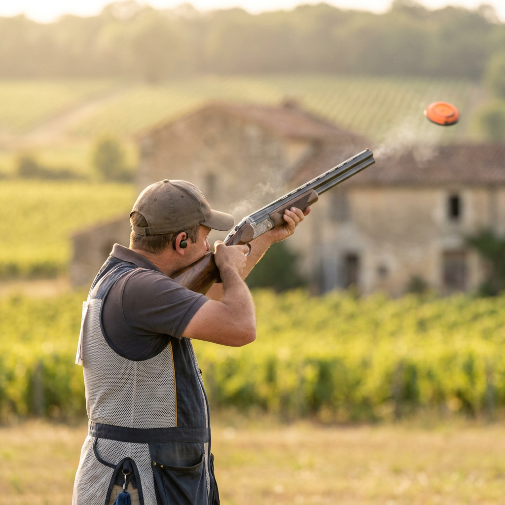 Tireur au ball-trap avec écouteurs AFFÛT — protection auditive tir sportif